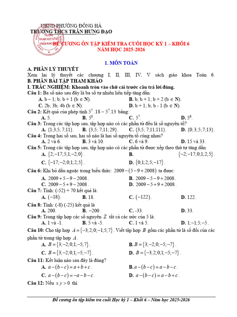 !ĐỀ CƯƠNG ÔN TẬP KTCK1 - KHỐI 6 (25-26)-CT.signed (1) | PDF