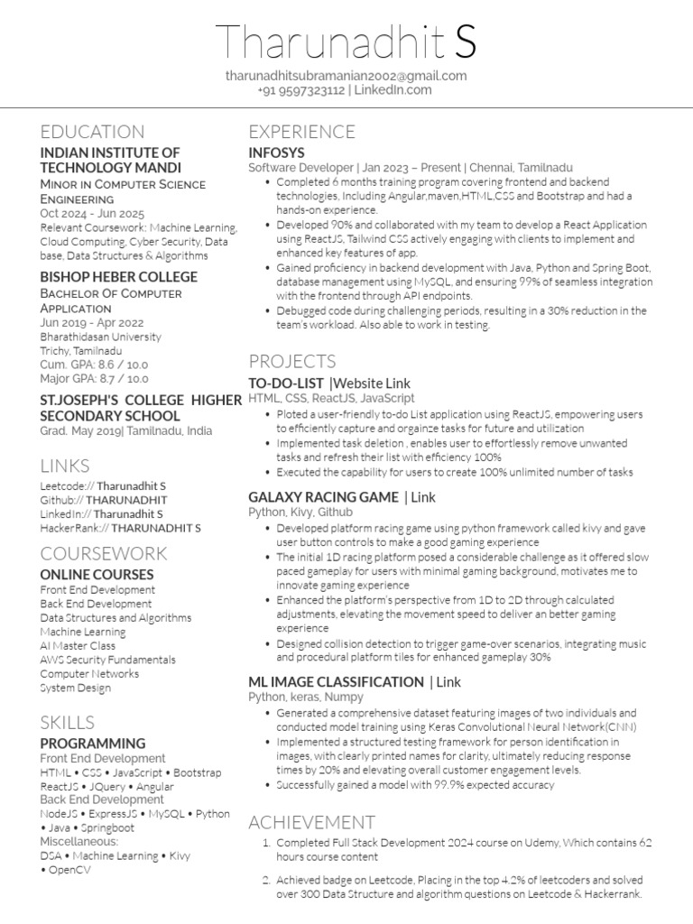 Tharun SoftwareDeveloper Resume | PDF | Machine Learning | Computing