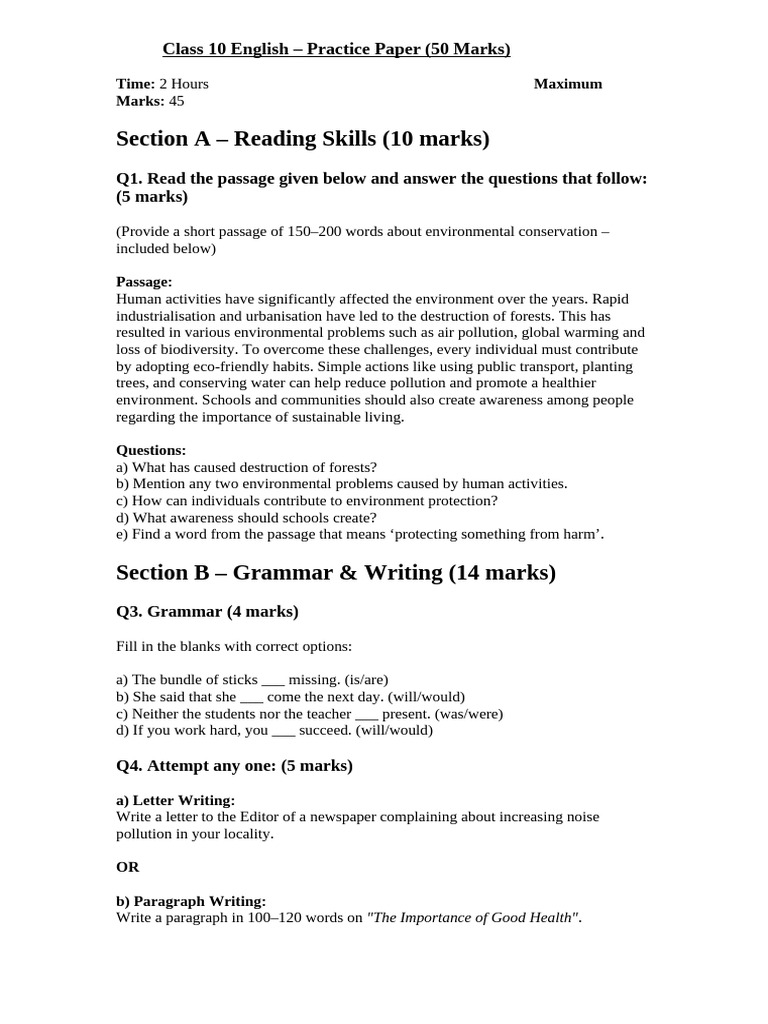 Class 10 English – Practice Paper | PDF | Environmental Protection ...