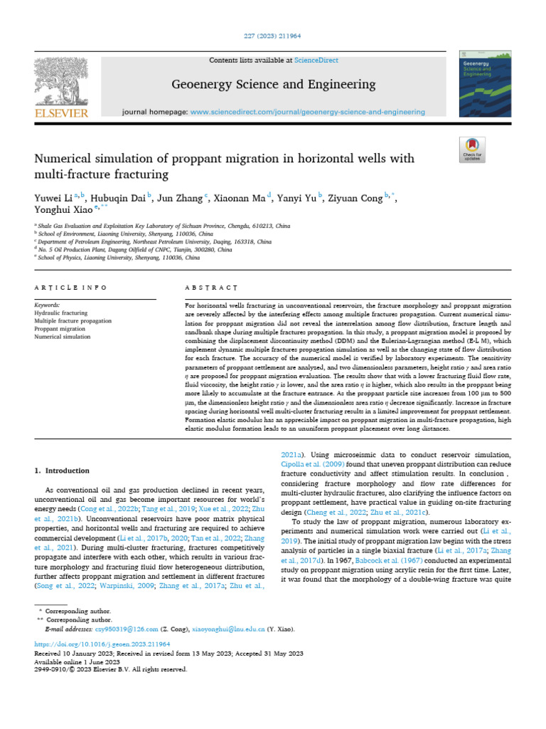 Numerical Simulation of Proppant Migration in Horizontal Wells With ...