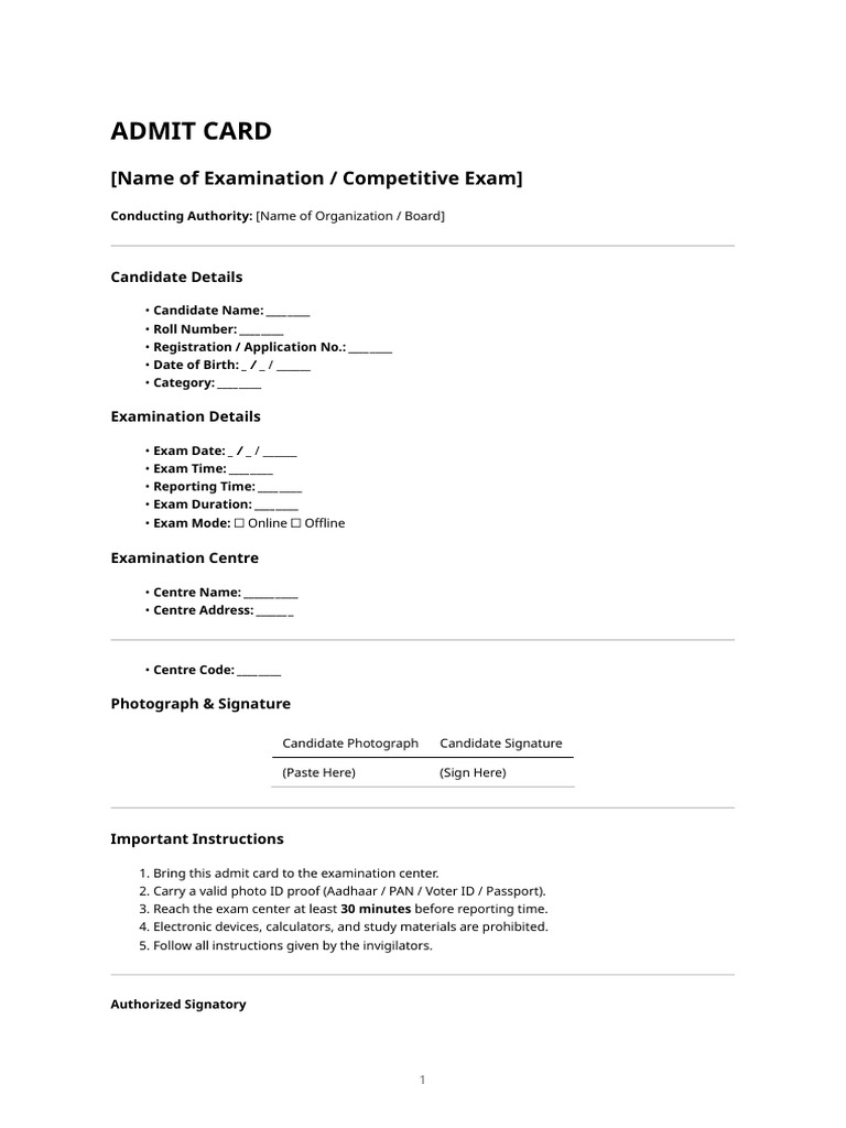 Admit Card for Competitive Exam | PDF