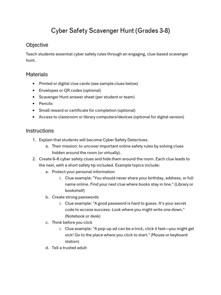 Cyber Safety Scavenger Hunt Activity | PDF | Computing