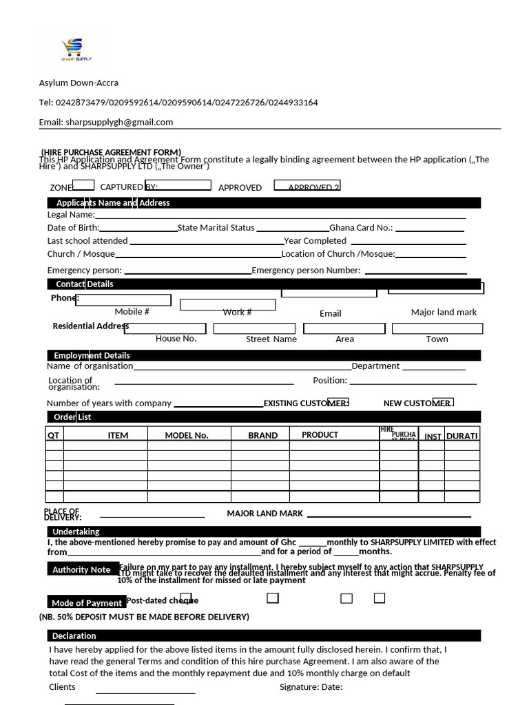 Hire Purchase Agreement Form - SharpSupply | PDF | Insurance | Guarantee