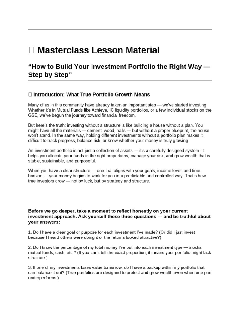 INVESTMENT PORTFOLIO Masterclass Lesson Material | PDF | Investing |  Diversification (Finance)
