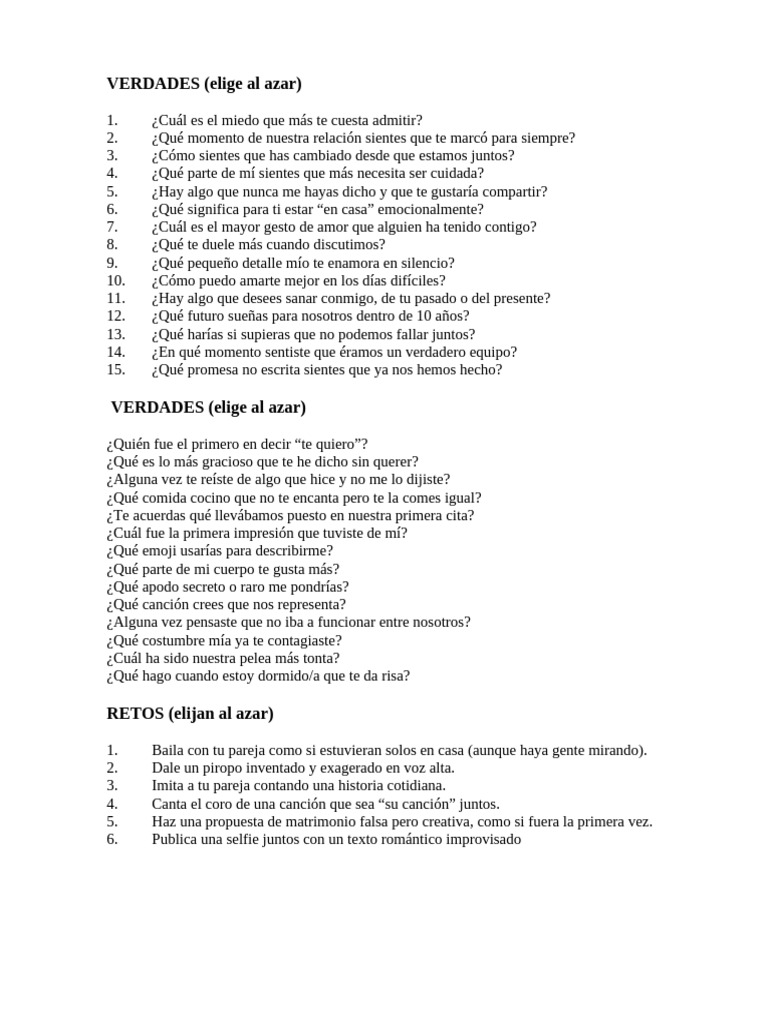 Preguntas y Retos para Parejas | PDF