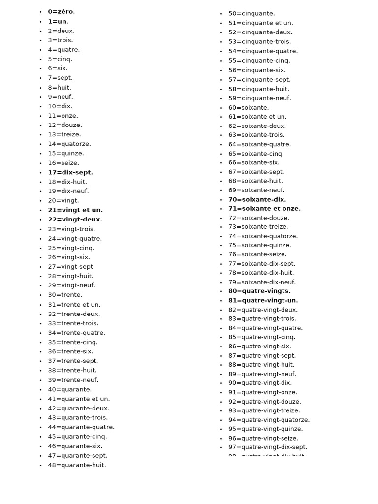 Nombres de 0 à 100 en français | PDF
