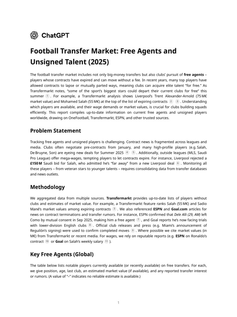 Football Transfer Market - Free Agents and Unsigned Talent (2025) | PDF ...