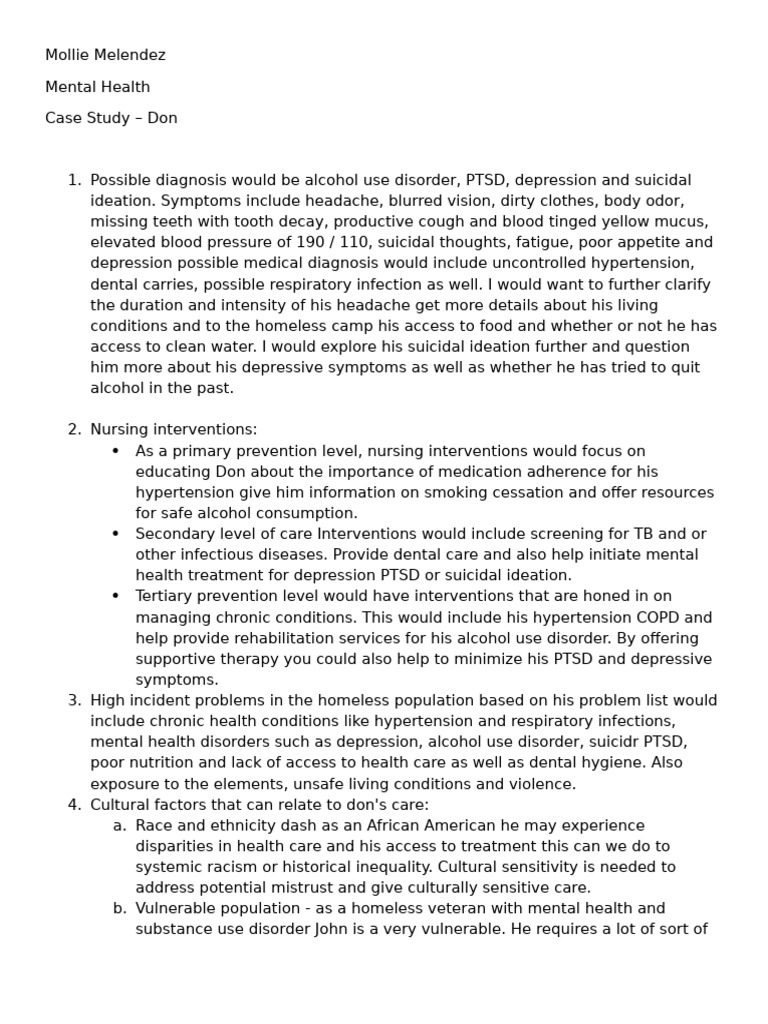 Homeless Veteran Mental Health Case Study | PDF | Major Depressive ...