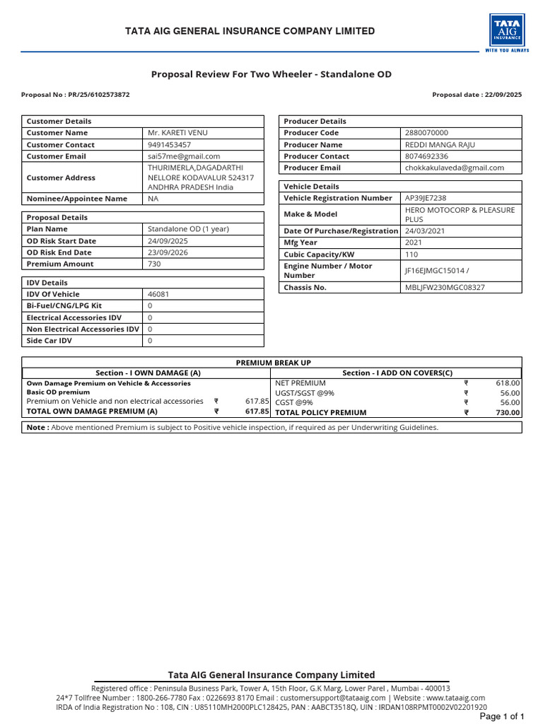 Tata AIG Motor Review Proposal 3187 PR 25 6102573872 | PDF | Insurance ...