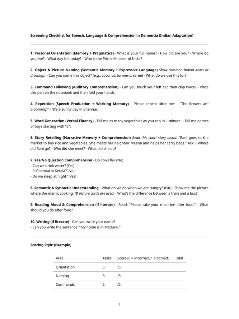Dementia Screening Checklist | PDF | Cognitive Psychology | Learning