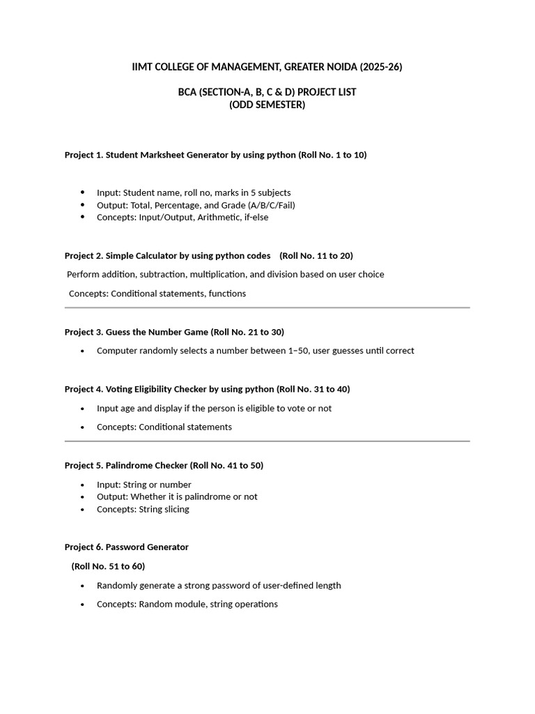 BCA Python Project Ideas 2025-26 | PDF