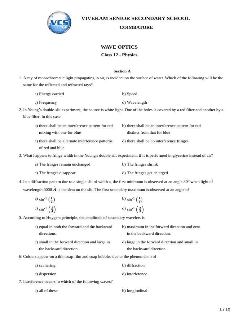Wave Optics Class 12 Physics Guide | PDF | Diffraction | Wavelength