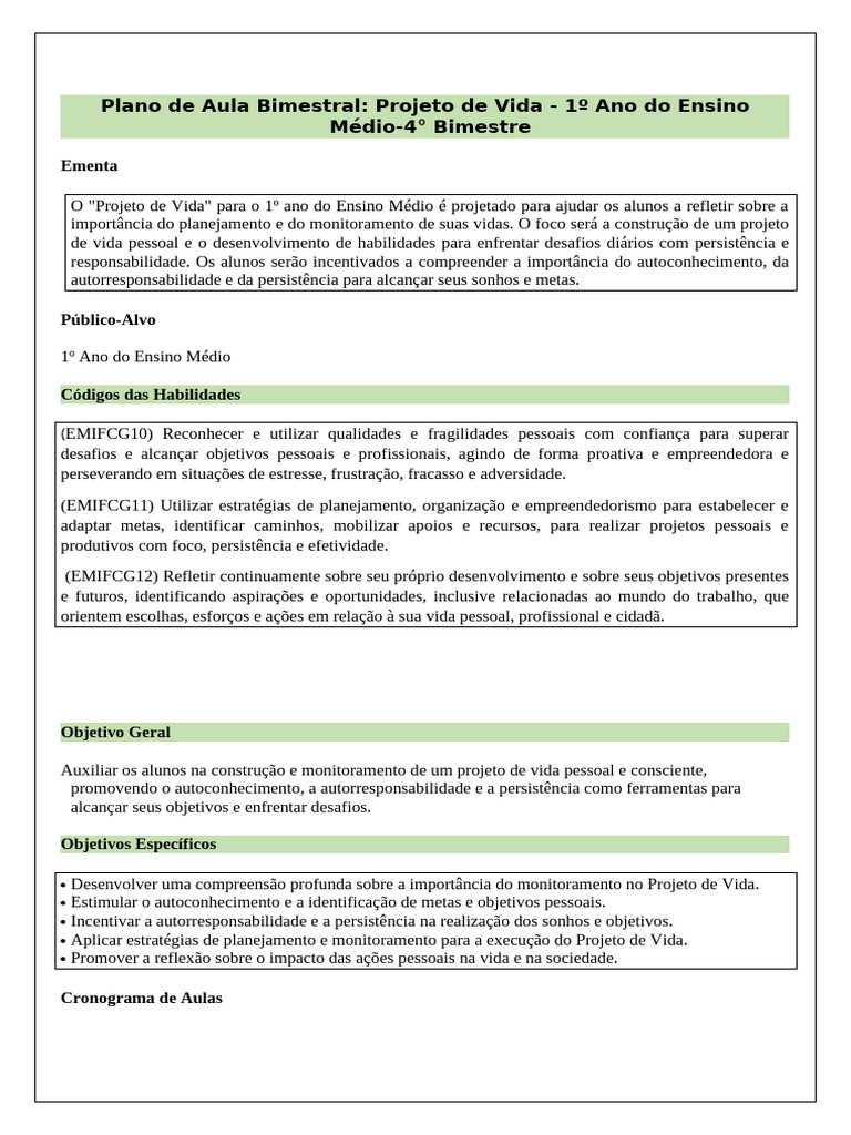 Plano de Aula: Projeto de Vida 1º Ano | PDF | Planejamento