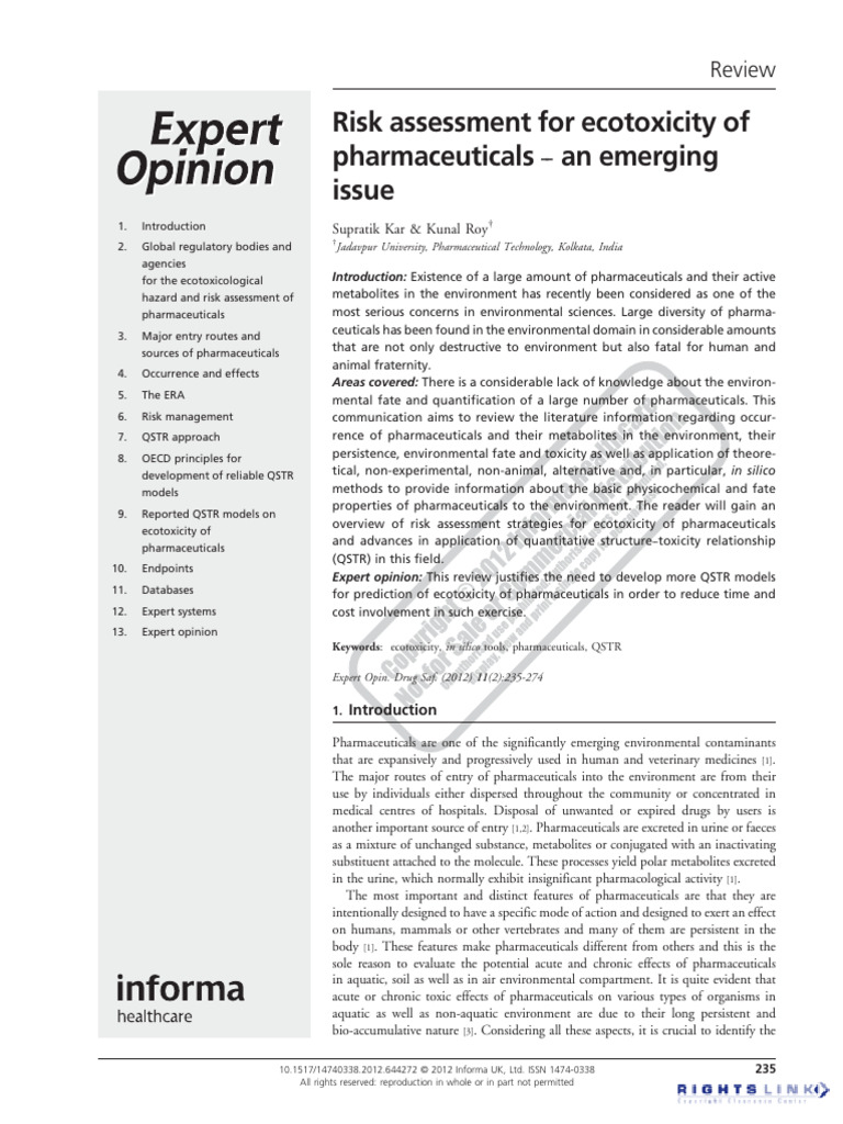 Ecotoxicity Risk Assessment of Pharmaceuticals | PDF