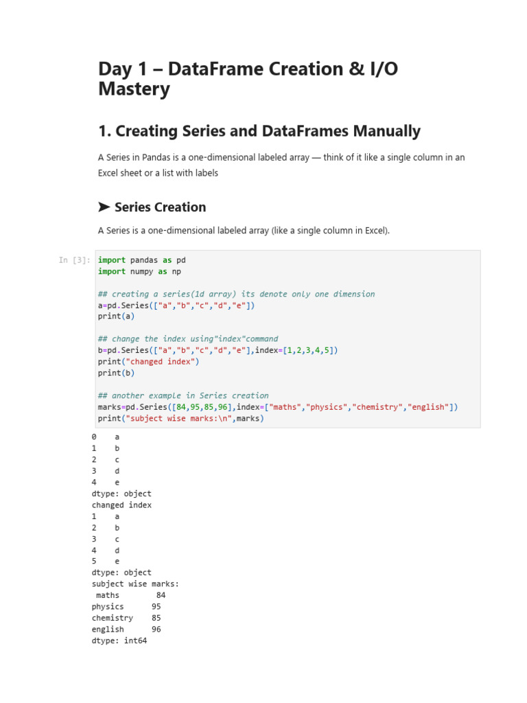 Pandas DataFrame Creation & I/O Guide | PDF | Software Engineering ...