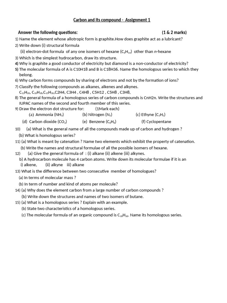 Carbon Compounds Assignment Questions | PDF
