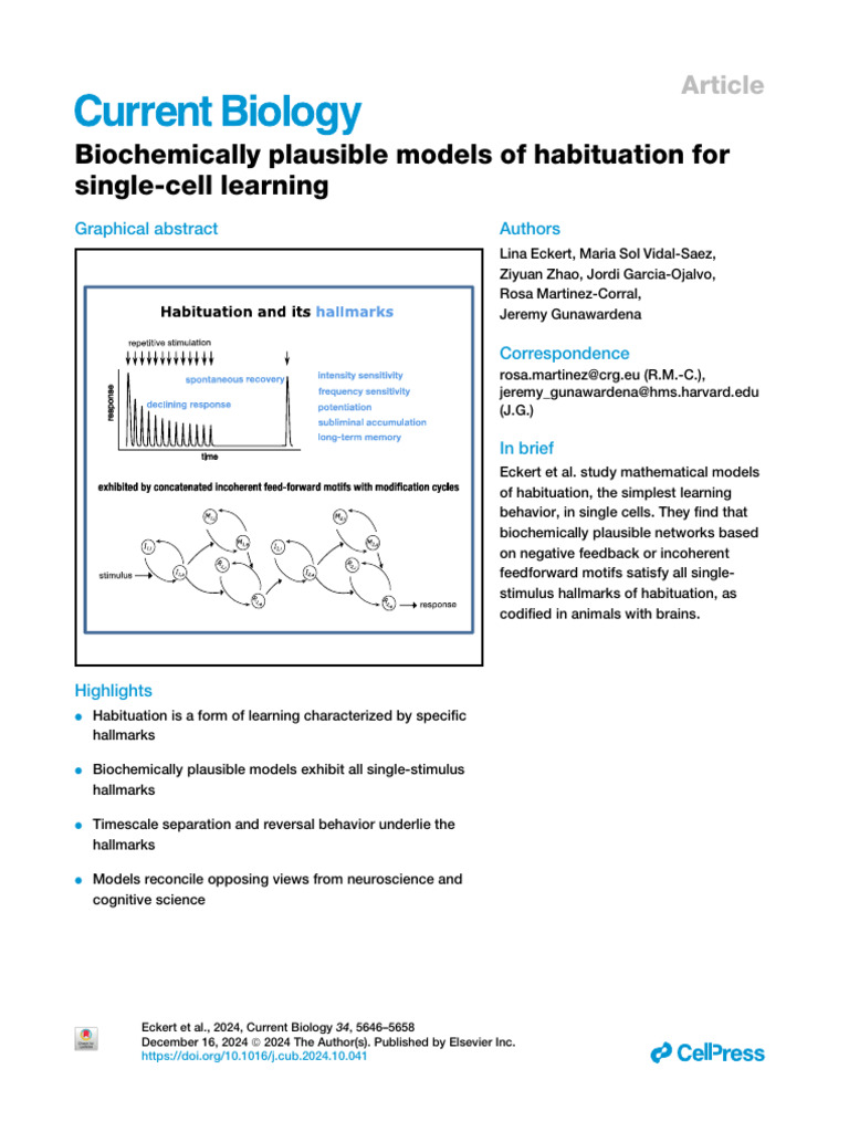 Biochemical Models of Single-Cell Habituation | PDF | Learning | Biology