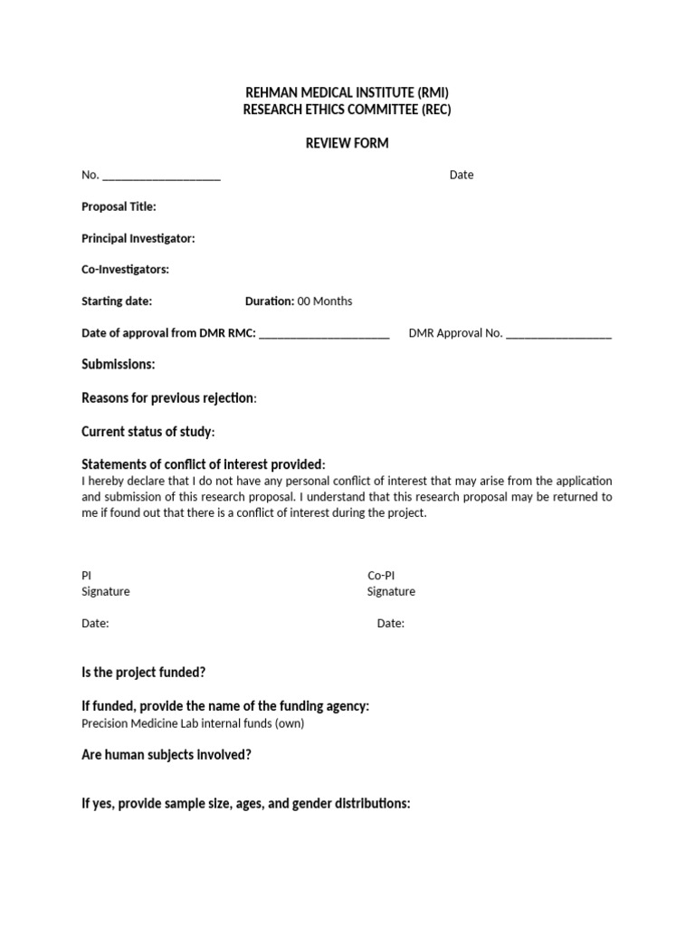 RMI Research Ethics Committee Review Form | PDF | Clinical Trial ...