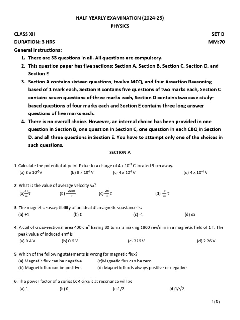 Class XII Physics Half-Yearly Exam 2024-25 | PDF | Capacitor | Inductor