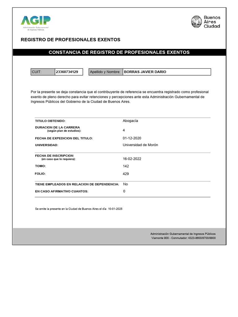 Constancia de Registro Profesional Exento | PDF