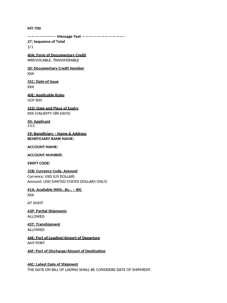 MT-700 Irrevocable Transferable Credit | PDF
