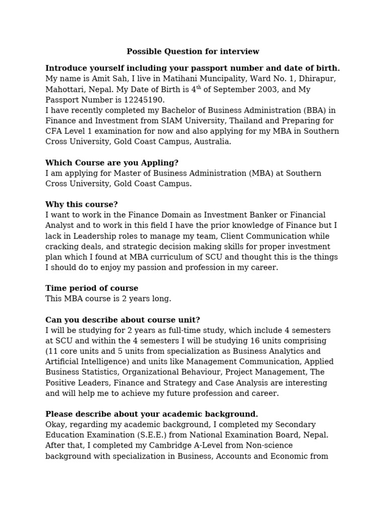Possible Question For Interview | PDF | Master Of Business Administration
