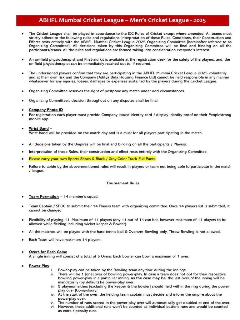 ABHFL Mumbai Cricket League 2025 Rules | PDF | Bowling (Cricket) | Cricket