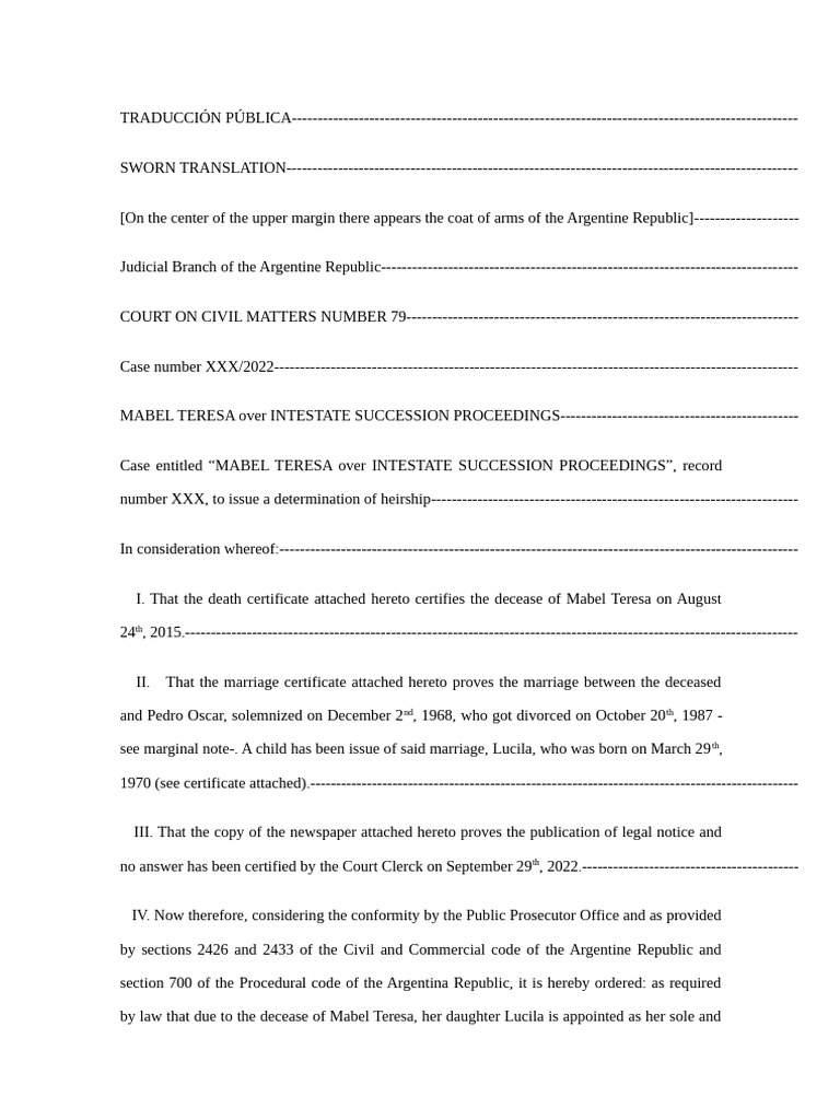 Sworn Translation of Inheritance Case | PDF | Inheritance | Government