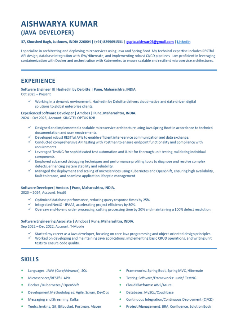 Java Developer Resume - Aishwarya Kumar | PDF | Software Development ...