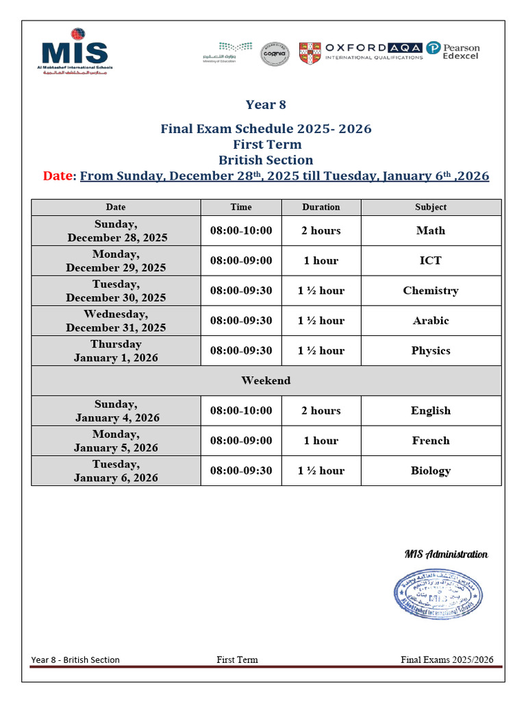1765460827_Year 8 Final Exam Schedule | PDF | Chemical Bond | Physical ...