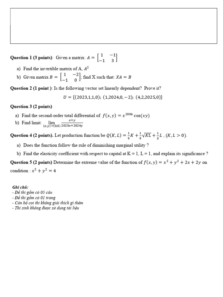 Matrix and Calculus Exam Questions | PDF