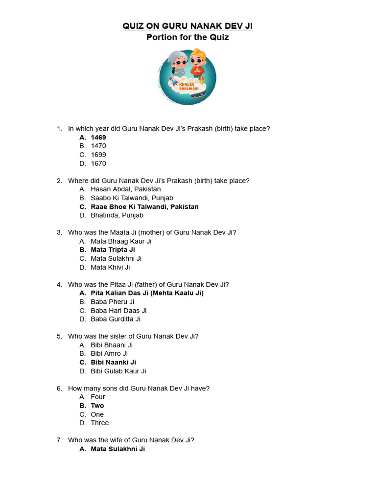 Guru Nanak Dev Ji Quiz Questions | PDF | Guru Nanak | Bhakti Movement