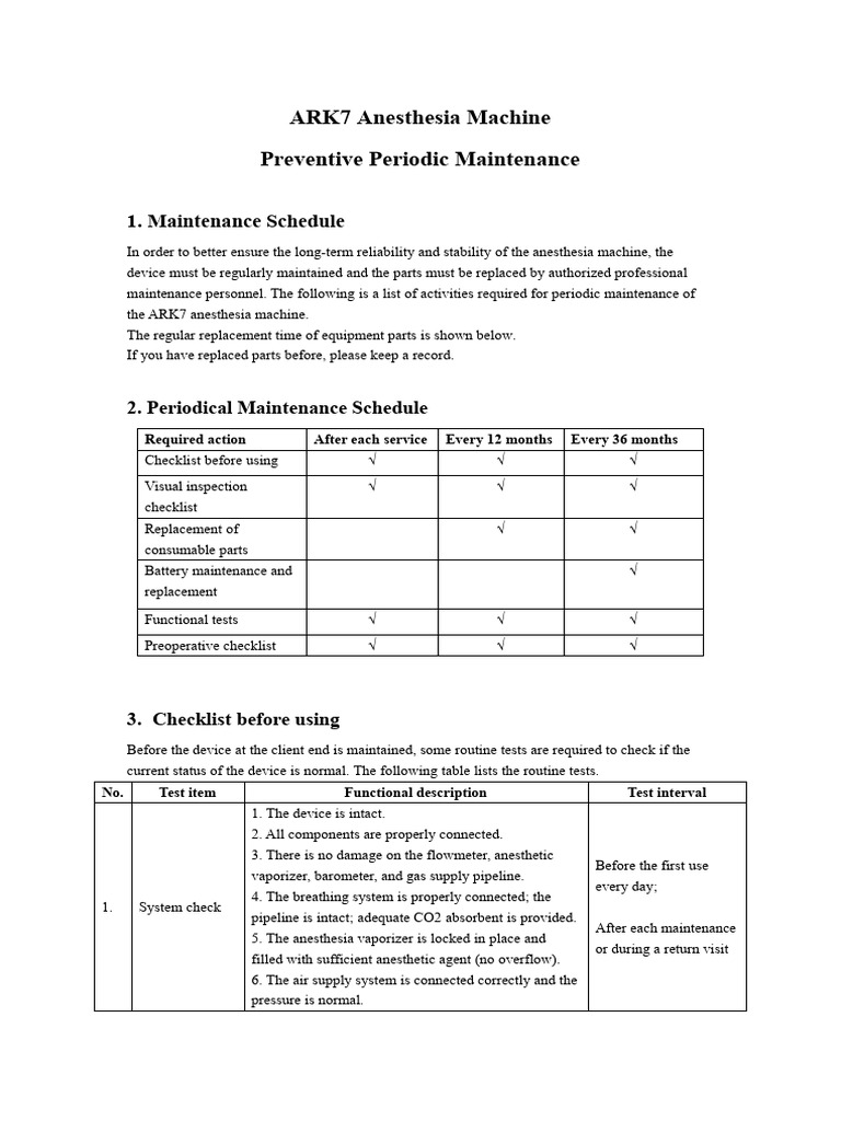 ARK7 Anesthesia Machine Maintenance Guide | PDF | Anesthesia ...