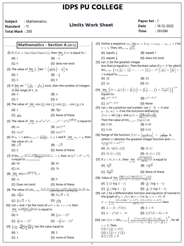 Limits_Work_Sheet__996352_1_1765689191 | PDF | Mathematics | Elementary ...