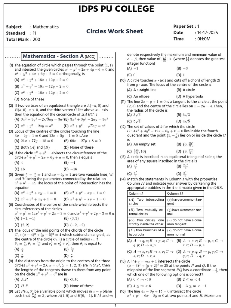 Circles Mathematics Worksheet for Class 11 | PDF | Circle | Mathematics