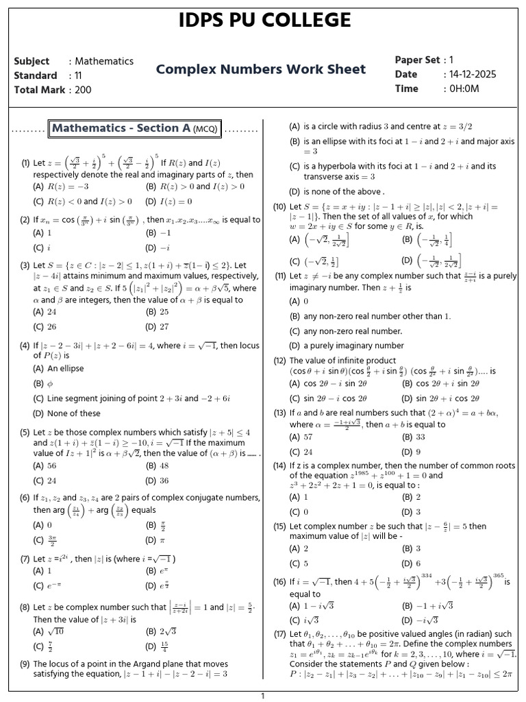 Complex Numbers Work Sheet 996348 1 1765688909 | PDF | Differential ...