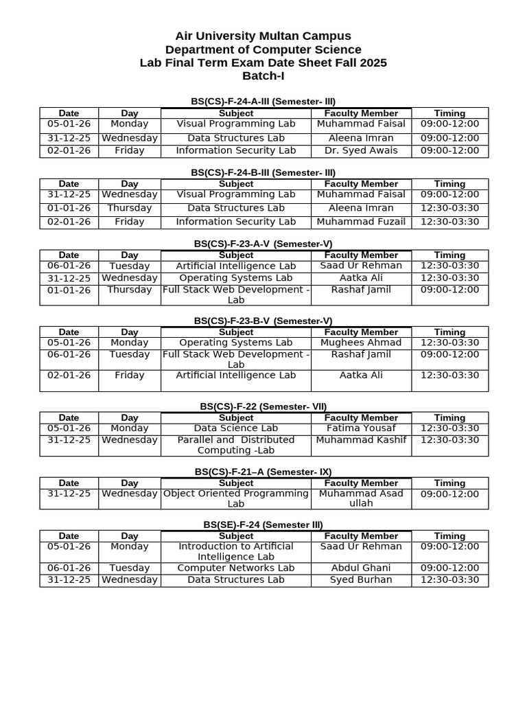 Lab Fainal Term Date Sheet (Batch-I) Fall-25 | PDF | Computing ...