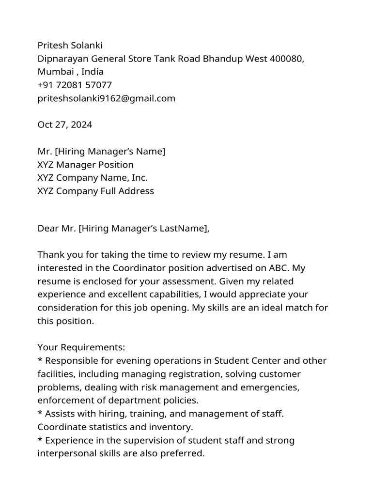 Job Application for Coordinator Position | PDF
