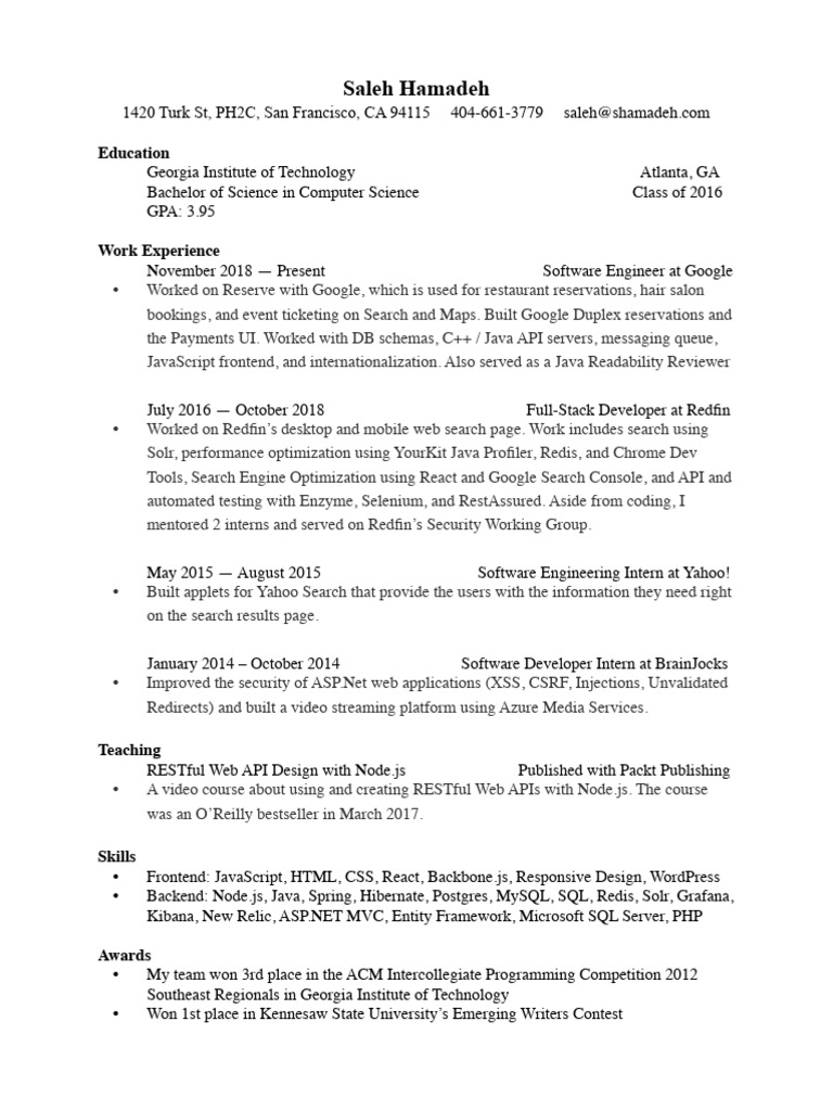 Saleh Hamadeh Resume | PDF | Java Script | Computing