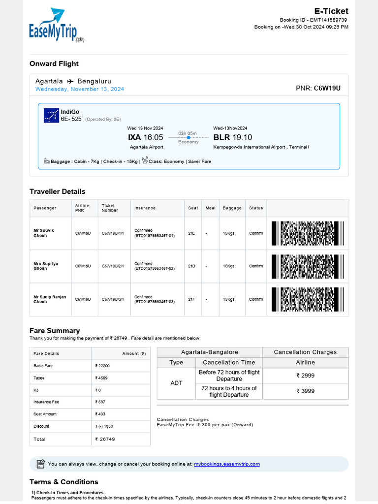 Agartala to Bengaluru Flight Booking Confirmation | PDF | Travel Visa