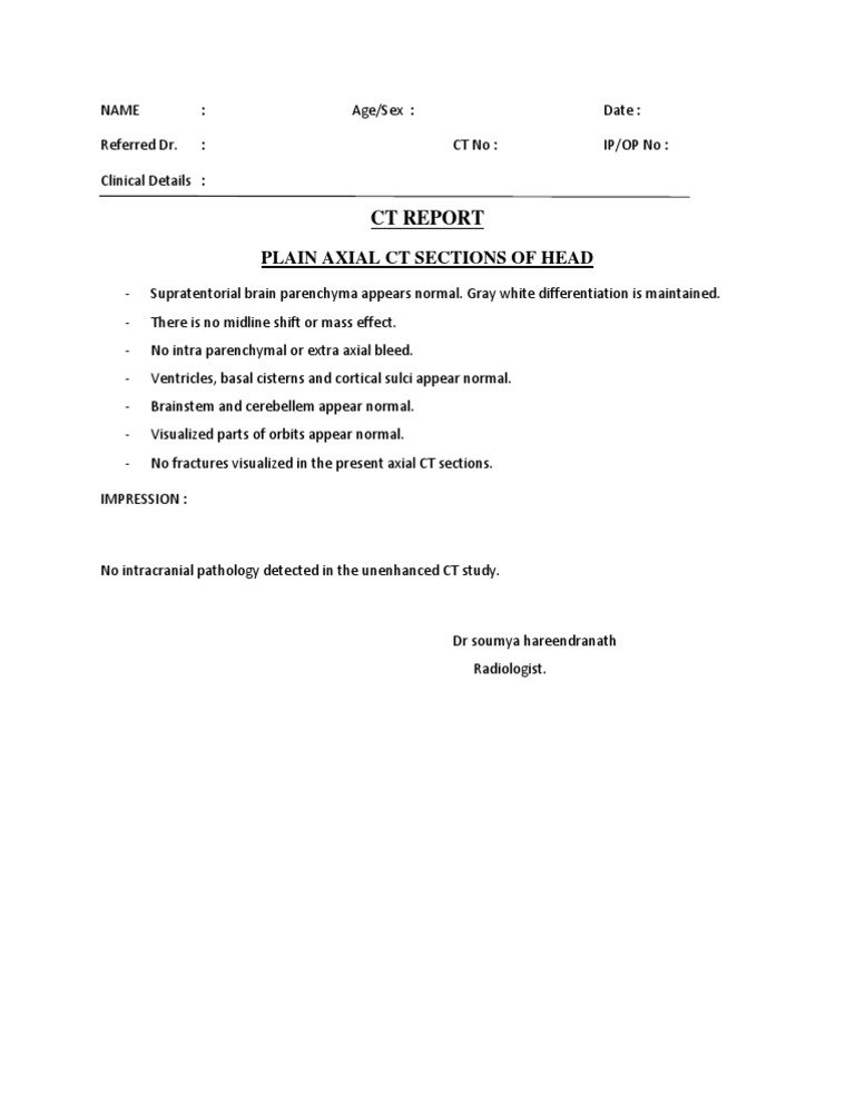 Normal Plain Axial CT Head Report | PDF | Diseases And Disorders | Brain