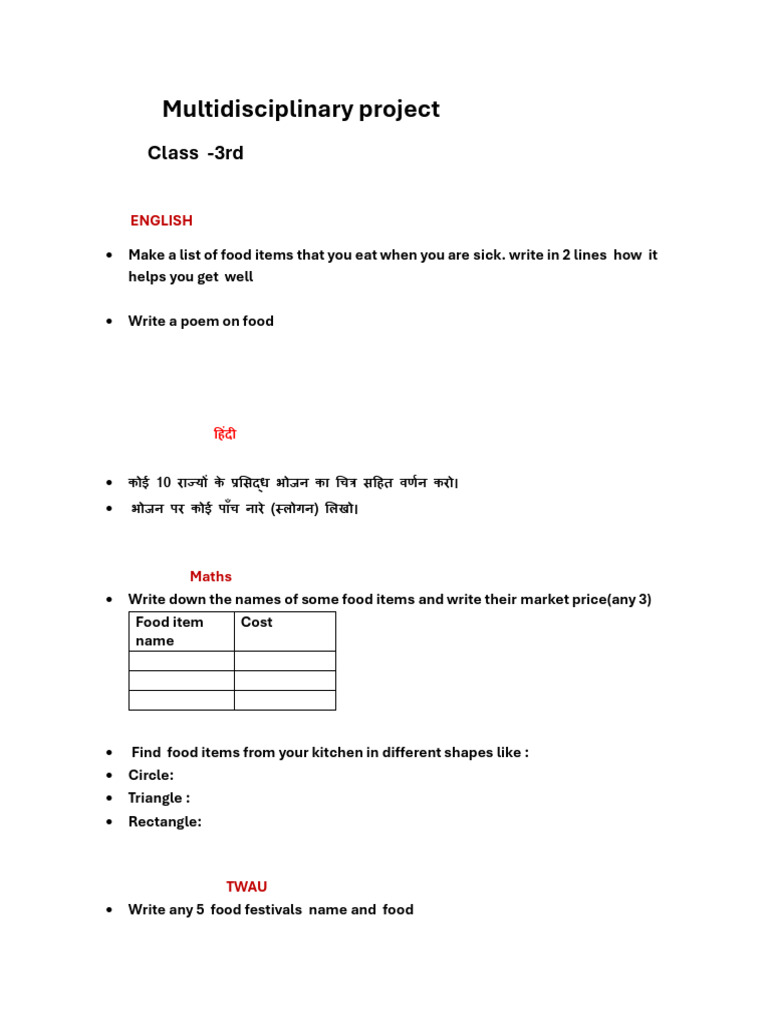 3rd Grade Multidisciplinary Food Project | PDF