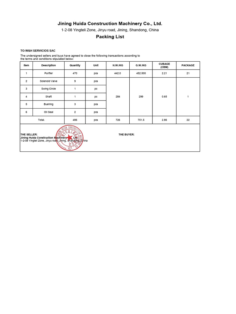 Jining Huida Machinery Packing List | PDF