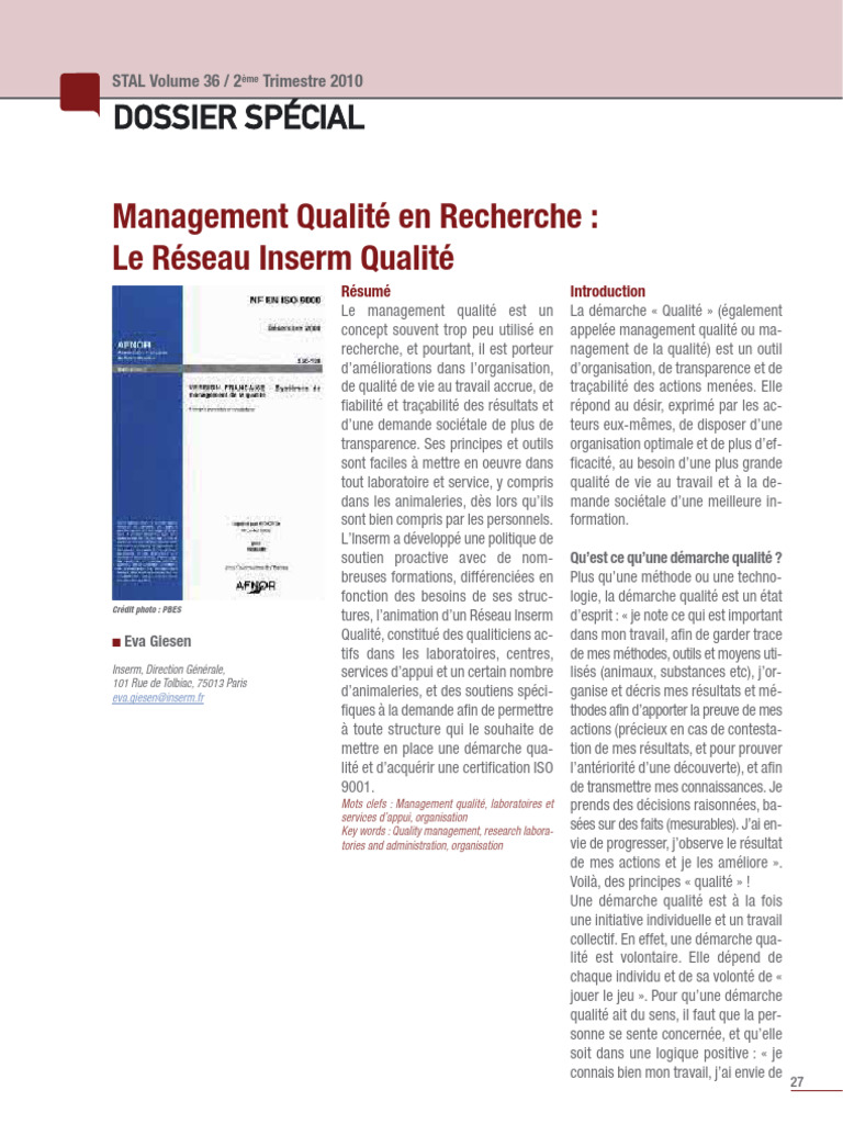 Management Qualité en Recherche : Inserm | PDF | Management de la qualité
