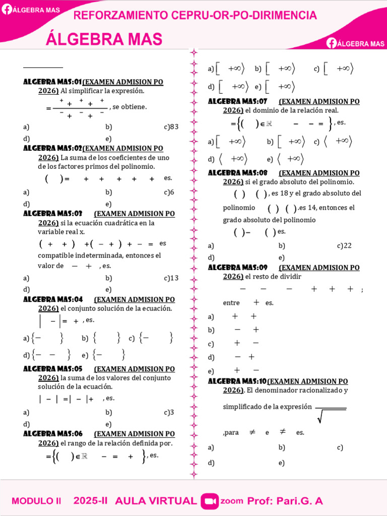 Examen de Álgebra 2026: Preguntas y Respuestas | PDF | Ecuaciones | Matemática Elemental