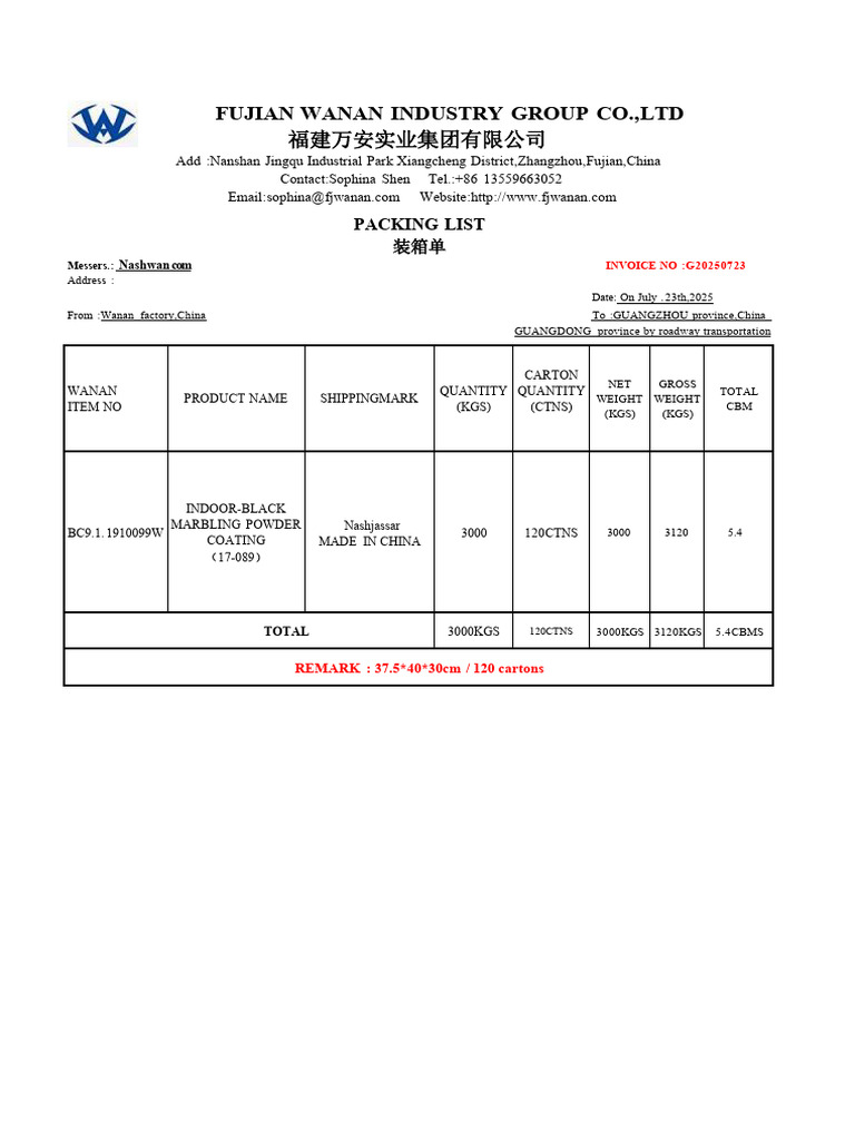 Packing List for Indoor Coating Shipment | PDF