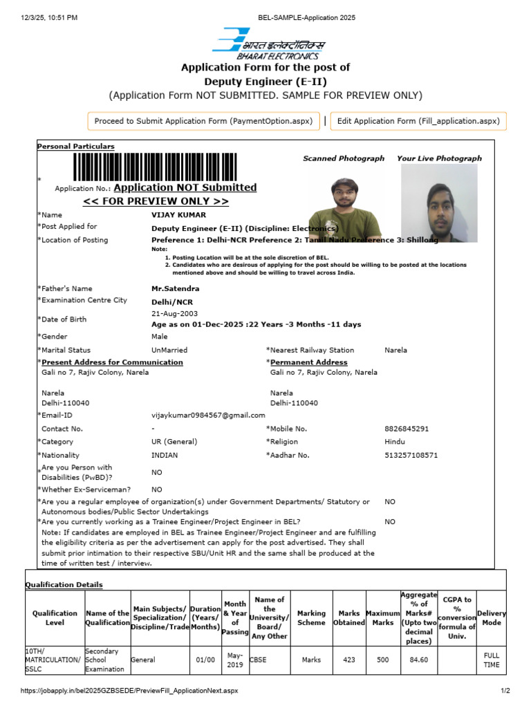 Deputy Engineer Application Form Sample | PDF