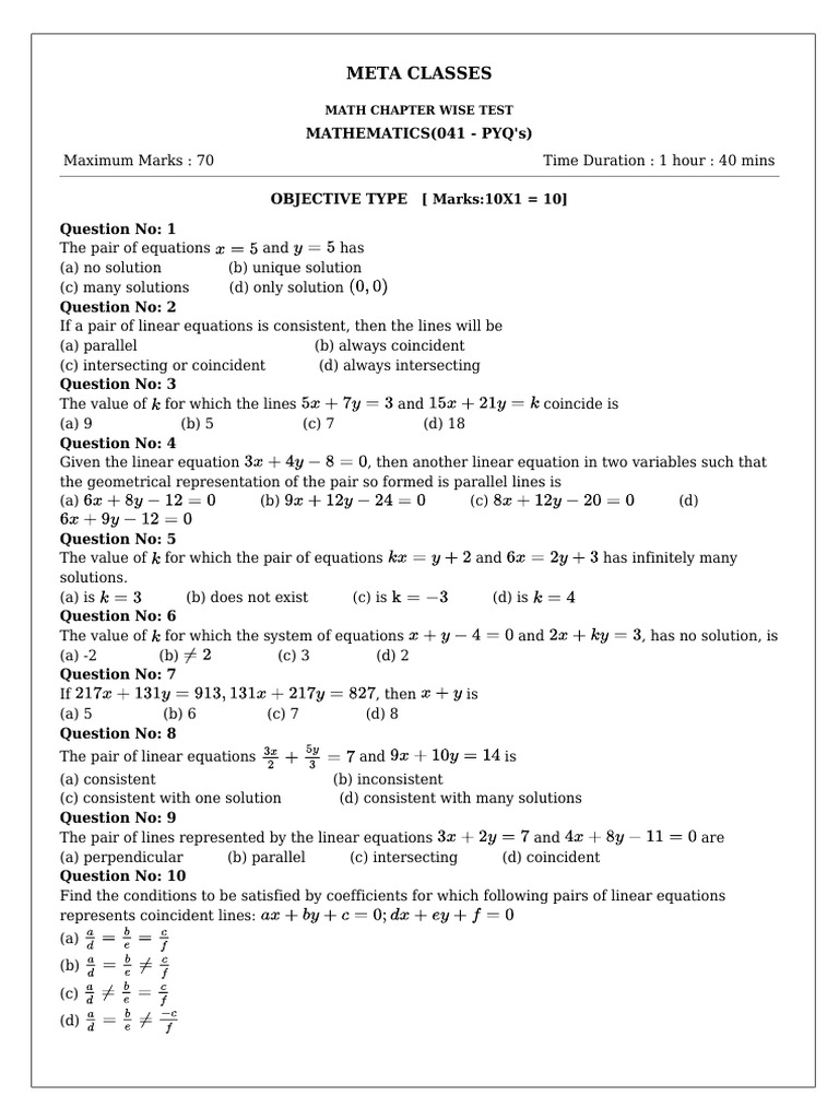 Mathematics Chapter-Wise Test on Linear Equations | PDF | Equations ...