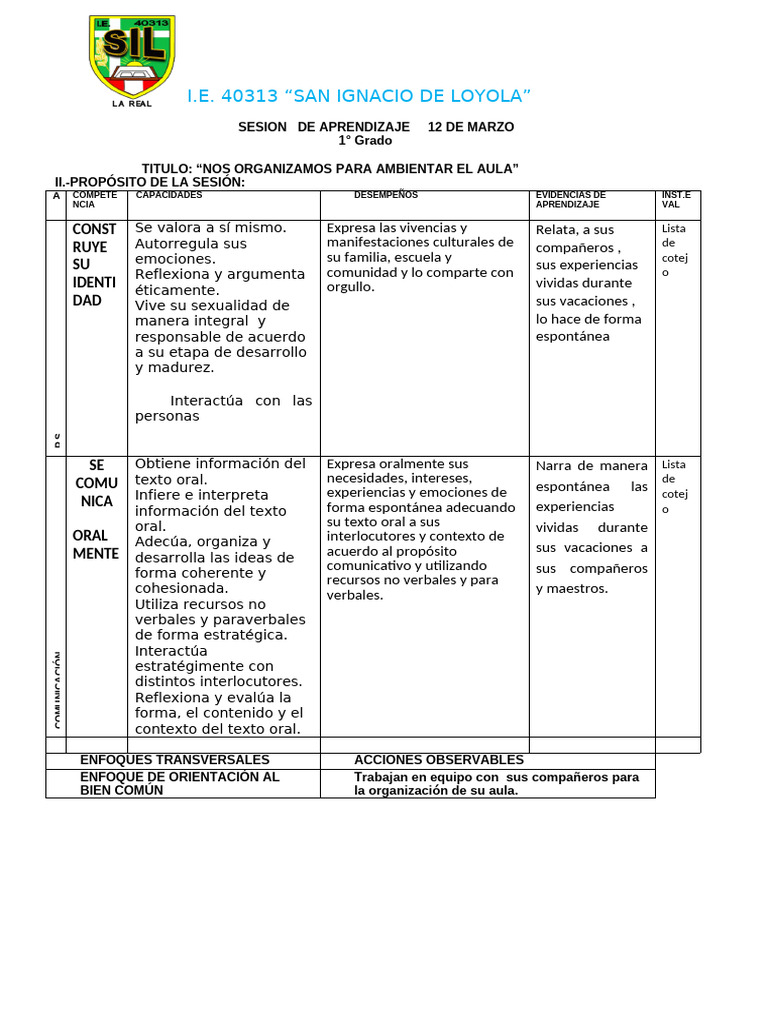 Organización del Aula en 1° Grado | PDF | Aprendizaje | Salón de clases