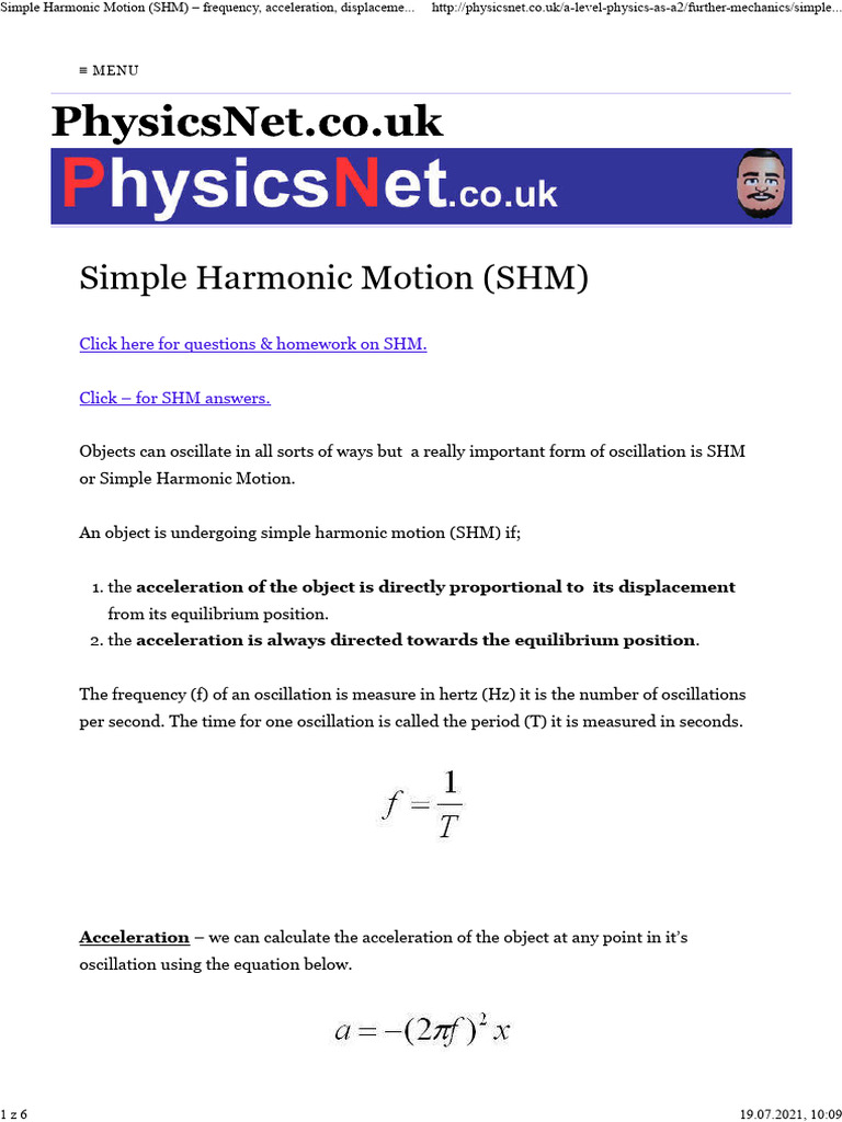Simple Harmonic Motion (SHM) - Frequency, Acceleration, Displacement ...